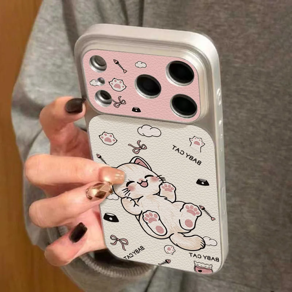 Adorable Kawaii Kitty Leather Phone Case - Cute Cartoon Cat Design, Protective Cover