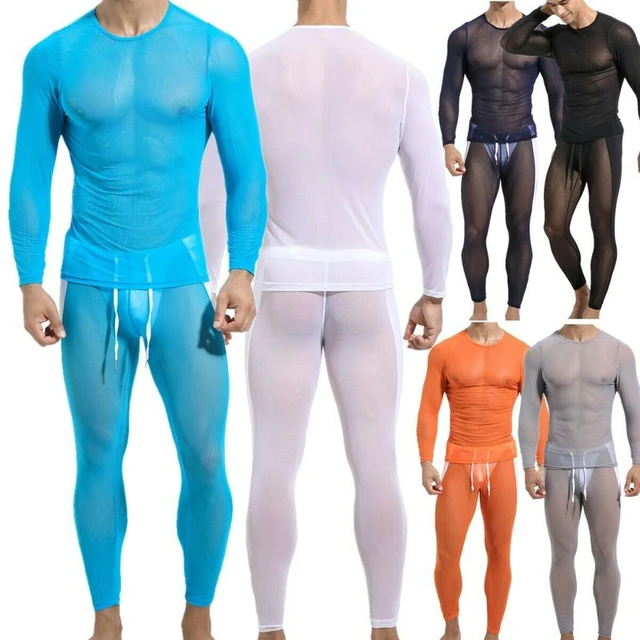 Men's See-Through Mesh Long Sleeve Muscle T-Shirt Tops Gym Workout  Undershirts