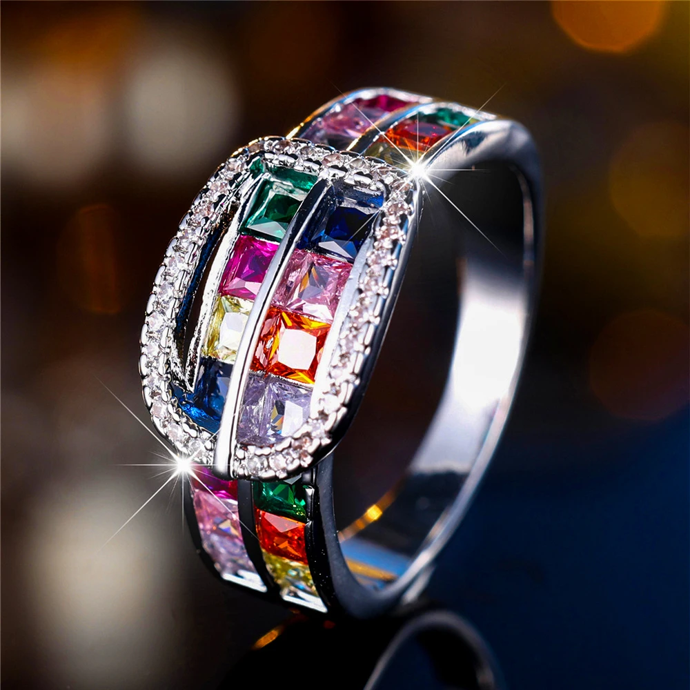 Luxury Female Small Rainbow Zircon Stone Finger Ring Vintage Silver Color Wedding Band Bridal Jewelry For Women