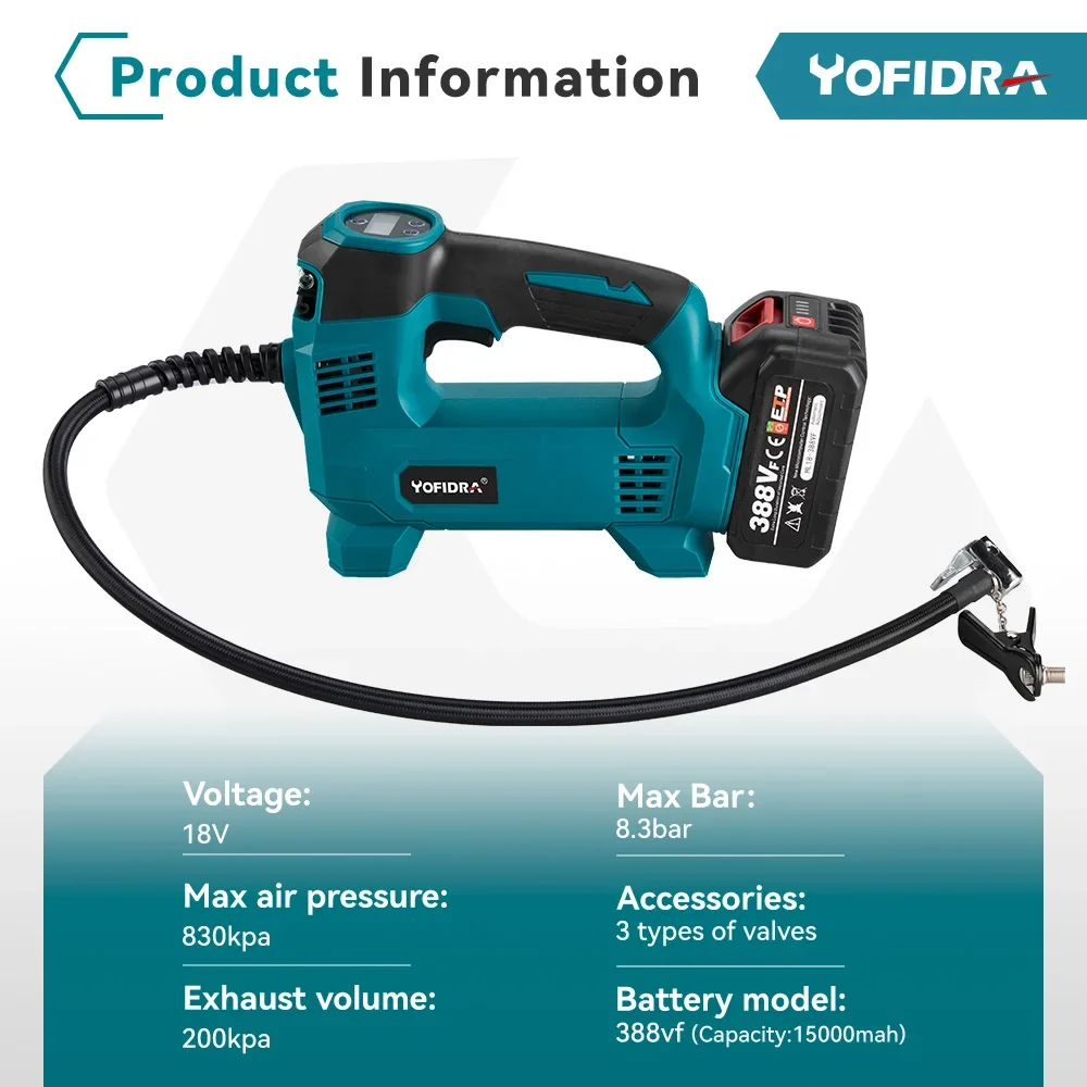 Электрический воздушный насос Yofidra, 10000 дисплей, беспроводной Перезаряжаемый Автомобильный Электрический насос для шин, пневматический инструмент для батареи Makita 18 в