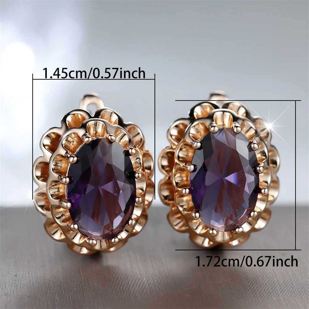 Purple Crystal Geometric Oval Stone Flower Hoop Earrings For Women Vintage Gold Color Ear Buckle Wedding Jewelry Engagement Gift