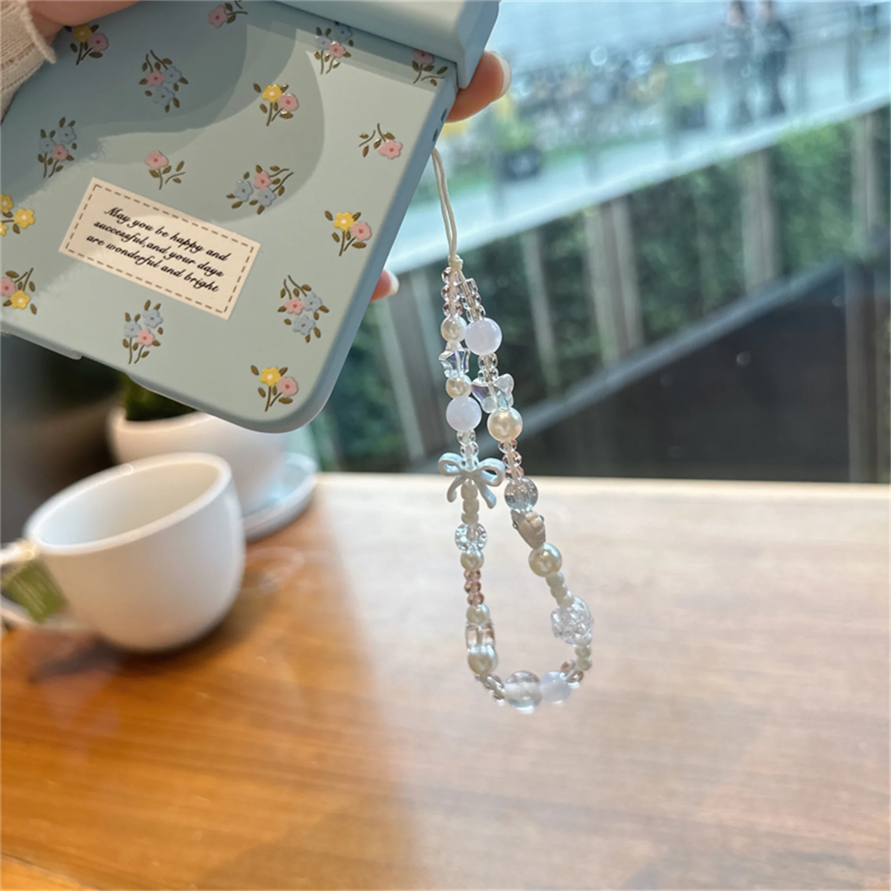 Cute Fresh Floral Pink Blue Phone Case with Bow and Beaded Bracelet Chain