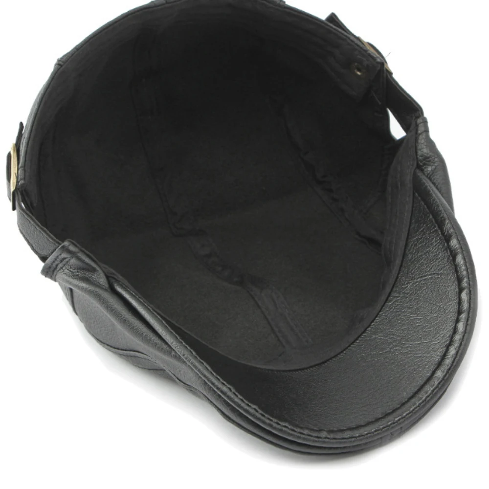 HT4294 PU Leather Beret Cap Men Black White Coffee Ivy  Flat Cap Thick Warm Fleece Lined Autumn Winter Hat Berets for Men 5