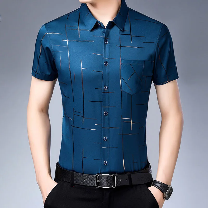 Smart Casual Men New Thin Plaid Smooth Shirts Short Sleeve Lapel Summer Koreon Male Clothing Pockets Loose Business Fashion Tops