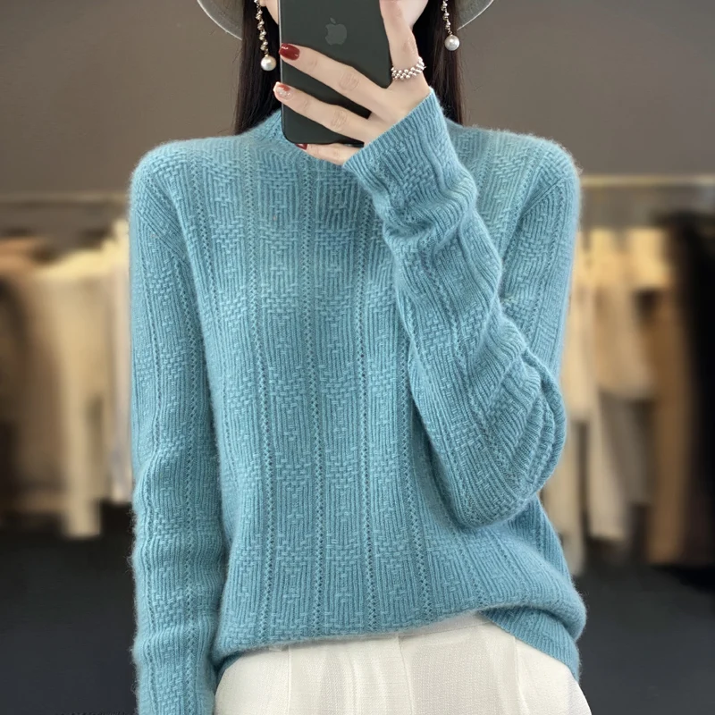 

Merino Wool Women's Sweater Seamless Readymade Half High Neck Long Sleeve Knitted Pullover Loose High Quality Tops Autumn/Winter