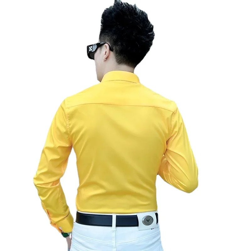 Long -sleeved Men's Shirt, Korean Trend Hot Drill Yellow Print Lapel Shirt, Single -breasted Owl Pattern Black Men's Clothing