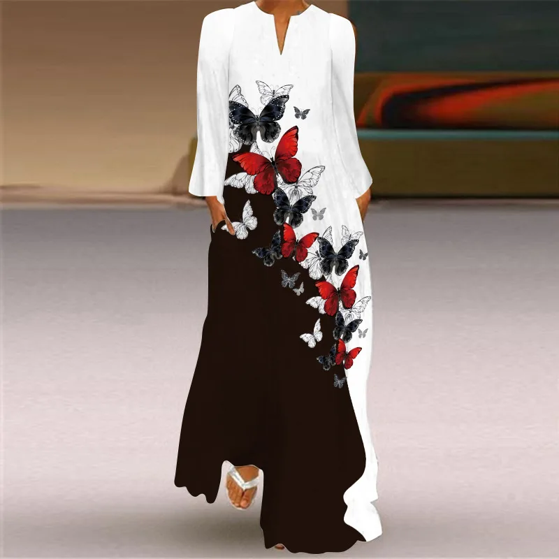 Vestidos 여성용 깃털 프린트 긴 소매 드레스, 2023 패션, 느슨한 V넥 캐주얼 보헤미안 롱 드레스, 봄 및 가을