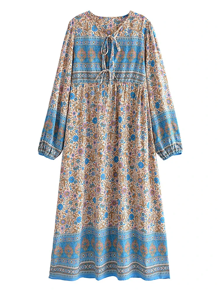 Multi Floral Print Long Sleeve Tie Neck Beach Bohemian Maxi Dress