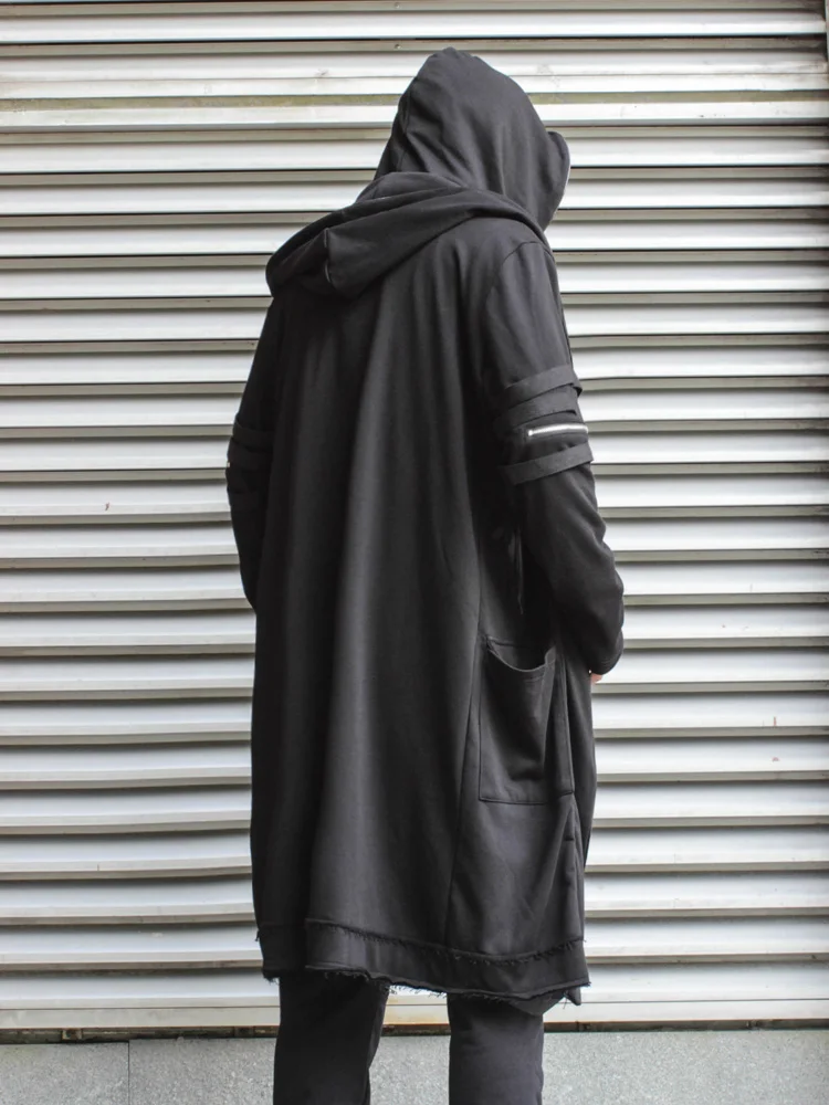 Winter Fake Two Piece Patchwork Punk Hip Hop Trench Coat Long Hooded Cloak Men Techwear Style Gothic Vintage Long Jacket