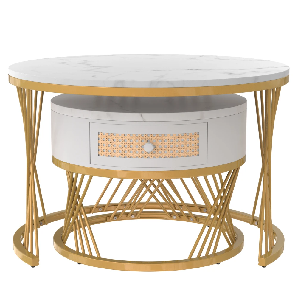 2-in-1 runder Couchtisch aus MDF, Beistelltisch mit Marmor-Arbeitsplatte und Schubladen aus Kunststoff-Rattan, Massivholzgriffe – Detail 13