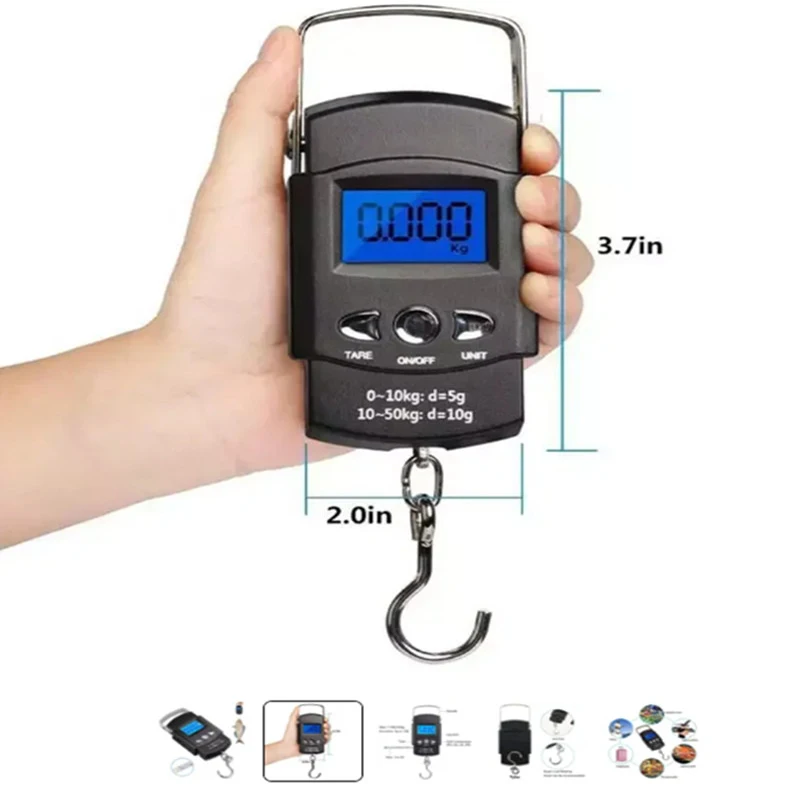 Black 50kg Portable Electronic Portable Luggage Scale LCD Digital Display Screen Express Delivery Scale Hook Mini Scale