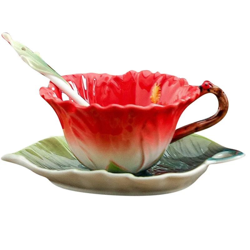 Ufengke Porcelaine Céramique 2 Séries Tasse De Thé Café Tasses Et Soucoupes, Fleur, Blanc Et Rouge, 200ml, Ronde