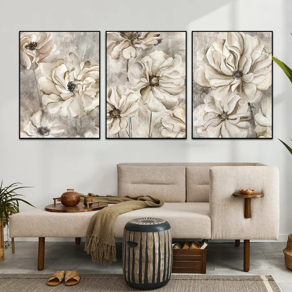 3PCSVintageWhiteFlowerPosterStillLifeCanvasPaintingWallArtPicturesforInteriorHome