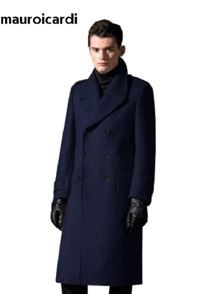 Mauroicardi Autumn Winter Long Warm Smart Casual Navy Blue Black Woolen Coat Men Double Breasted Luxury Wool Blends Overcoat 5