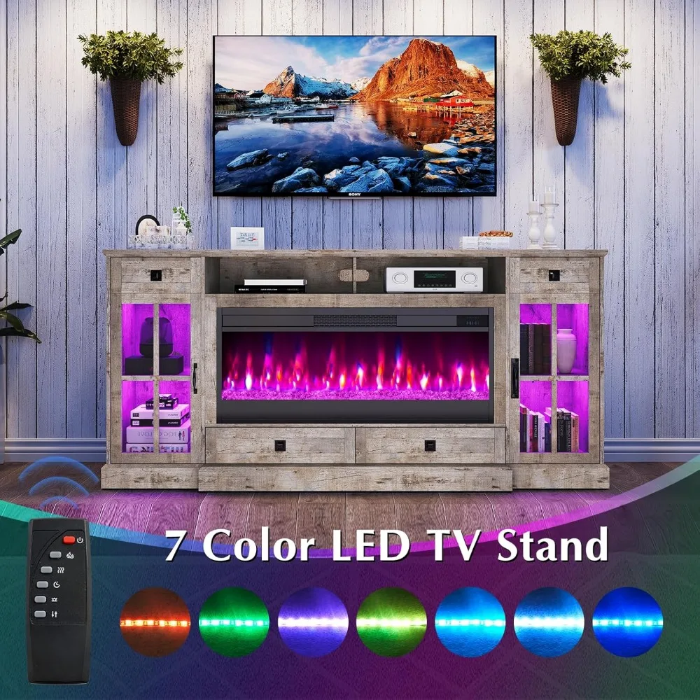 70'' Fireplace TV Stand with 42" Fireplace, Farmhouse Entertainment Center with LED Lights for TVs Up To 80'', TV Console Table 4