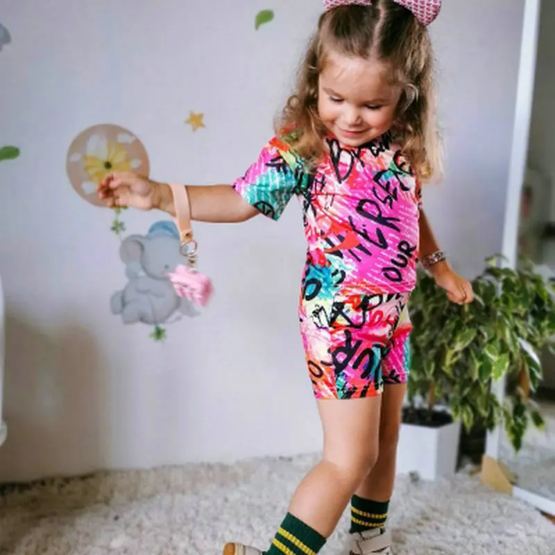 Girls Clothing Set Summer Short Sleeve Tops Rainbow Color Shorts 2pcs Outfits 8Y