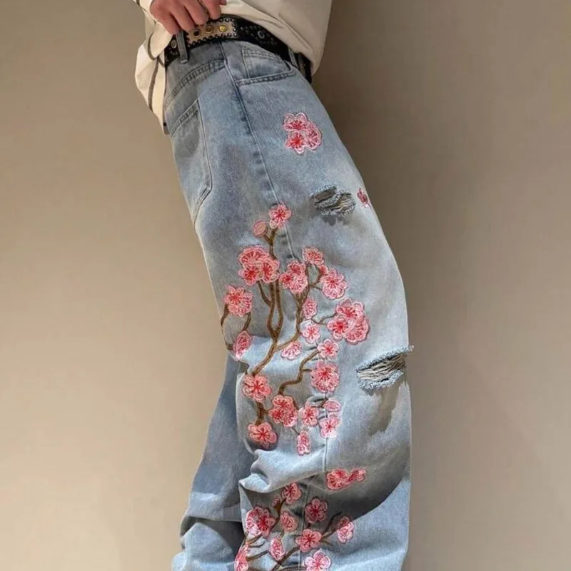 Cherry Blossom Selvedge Embroidery Denim Pants Y2K Retro Men Casual Baggy Straight Wide Leg Jeans High Quality Hiphop Streetwear