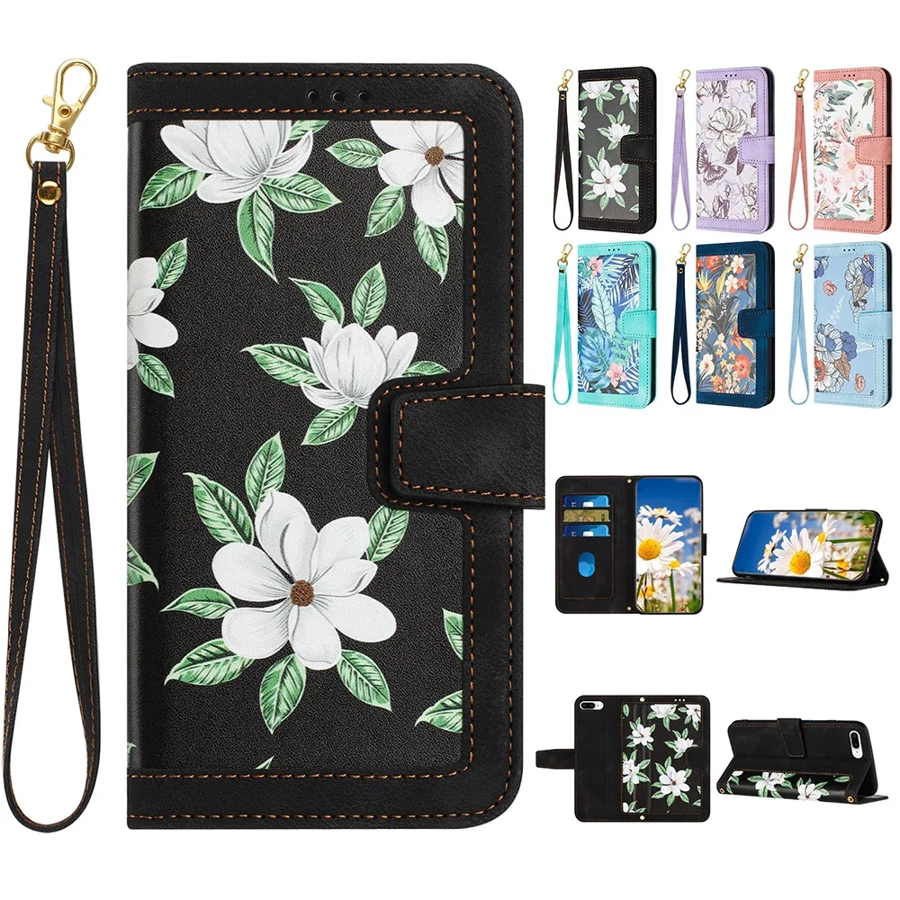 Elegant PU Leather Flip Wallet Case with Beautiful Floral Design and Convenient Wrist Strap