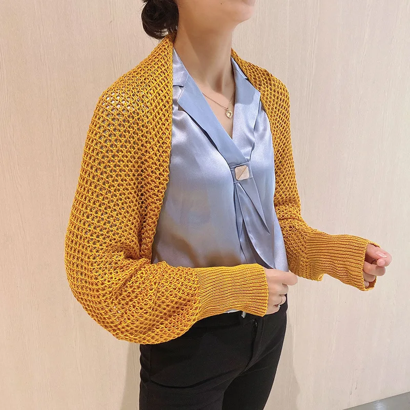 

Sleeves Women's Ice Silk Solid Color Cervical Spine Protection Small Shawl Knitted Air Conditioning Knitted Shawl Capes Yellow