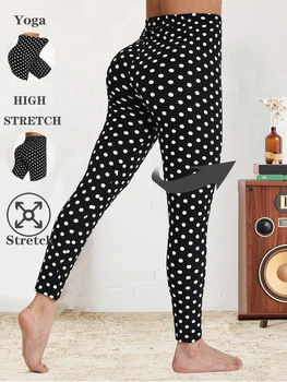 Four Seasons European  American Casual Women's Black Leggings  High Stretch Tight Pants White Polka Dot Pattern Cropped Pants 1
