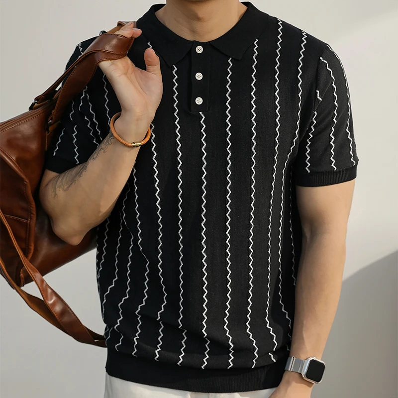 2025 Spring Summer New Casual Mens Polo Shirt Vintage Striped Crochet Buttoned Polo Neck Knit Tops Men Fashion Slim Fit Polos 17 S034d6dd93ce54666aab5e329734cac7cf