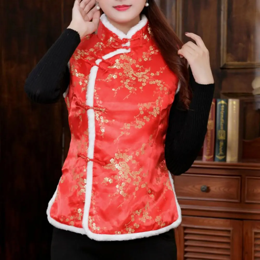 

Traditional New Year Women Vest Coat Chinese Style Plush Knot Waistcoat Retro Stand Collar Wedding Winter Waistcoat