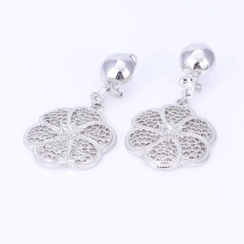 Vintage Rhinestone Flower Pendant Necklace Earrings Bracelet Ring Set Silver Color African Bridal Wedding Costume Jewelry Sets bridal jewelry sets crystal jewelry sets