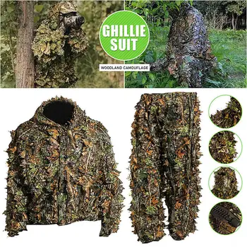Men Women Kids Outdoor Ghillie Suit Camouflage Clothes Jungle Suit CS Training Leaves Clothing Hunting Suit Pants HoodedJacket 3