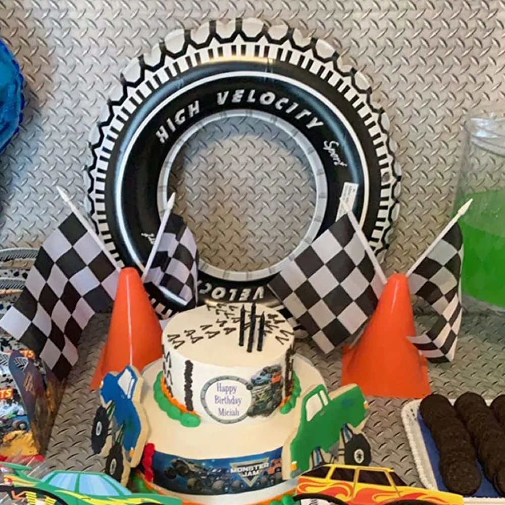 Hot Wheels Birthday Party Supplies Tableware Inflatable Balloon Racing Car Theme Checkered Flag Traffic Cone Cake Topper Decor