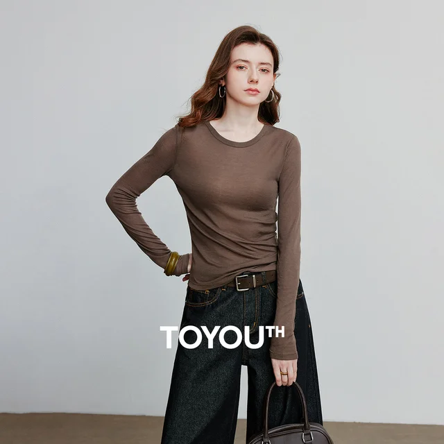 TOYOUTH femmes T-shirt 2025 automne nouveau ourlet incliné Lyocell laine coupe ajustée à manches longues Base hauts 1