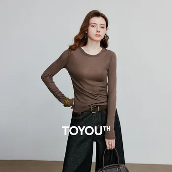 TOYOUTH T-shirt da donna 2025 Autunno Nuovo orlo inclinato Lyocell Lana Slim Fit Manica lunga Base Top 1