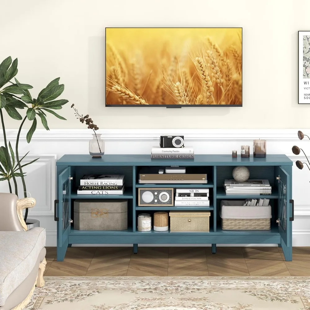 Farmhouse TV Stand for 65-Inch TVs - Classic Media Entertainment Center with Glass Door Cabinets & Adjustable Shelves 4