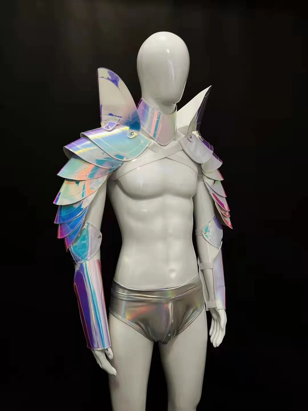 Club Party Nightclub DJ Gogo Sexy Silver Costume Stage Wear Cuff Outfit Muscle Men's Space Mirror Armor Bar Dancer Performance