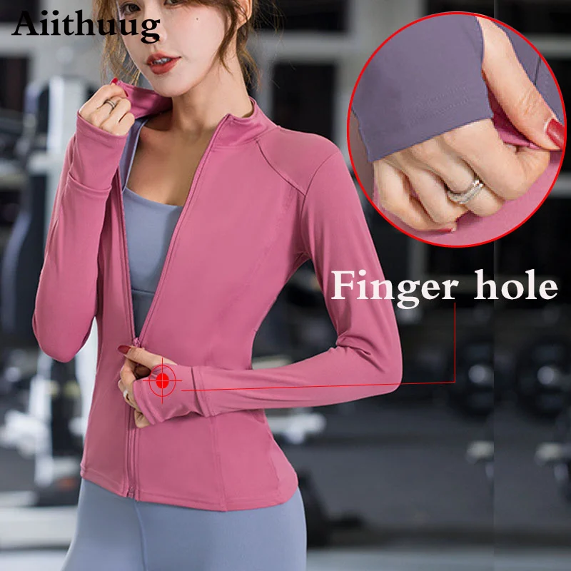 Women Sports Shirt Long Sleeves Running Breathable Gym Workout Yoga Jacket with Zipper Finger Holes