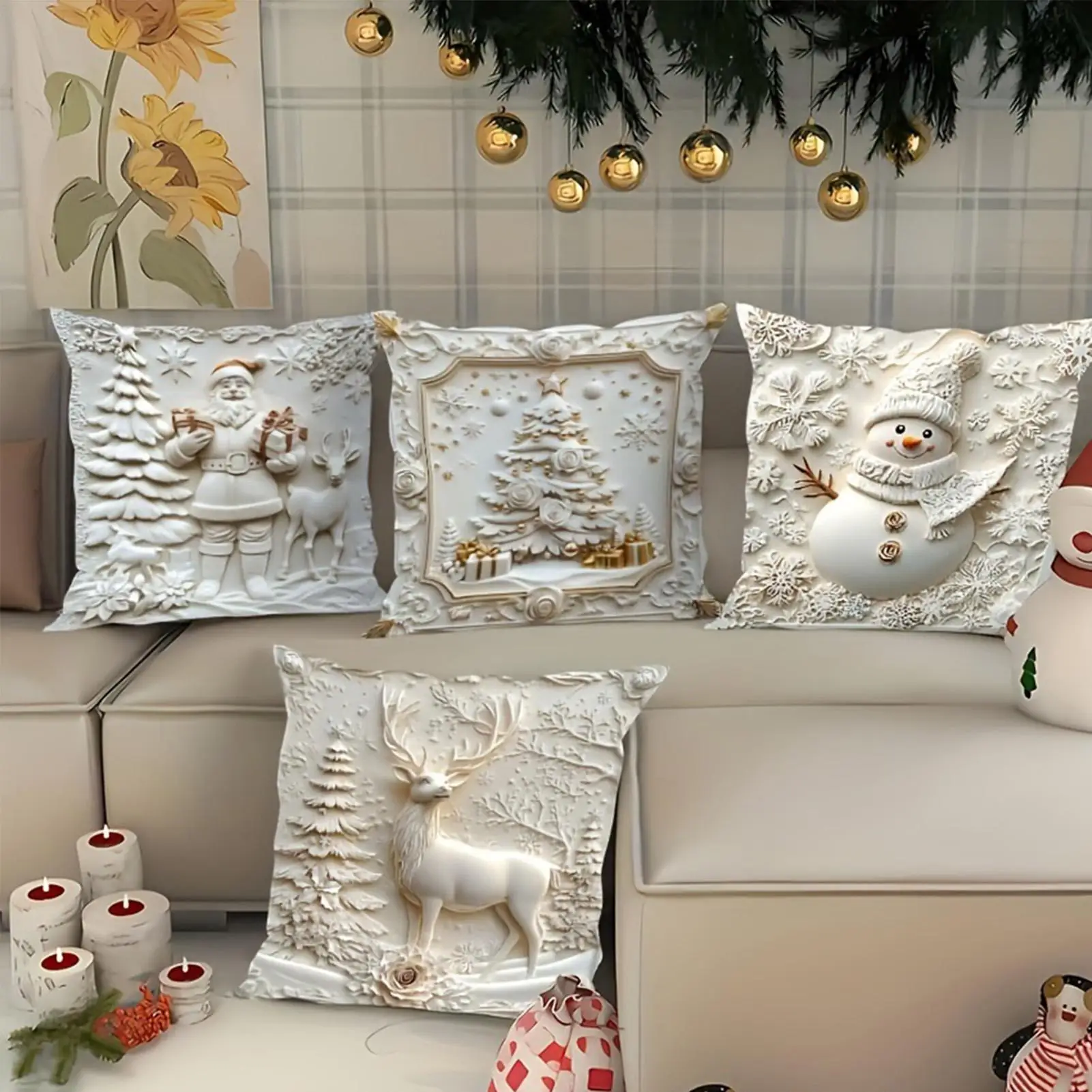 Throw Pillow Covers 18x18 Inch Soft Winter Decorations 4 Piece Christmas Cushion Covers For Holiday Farmhouse Indoor Couch Sofa