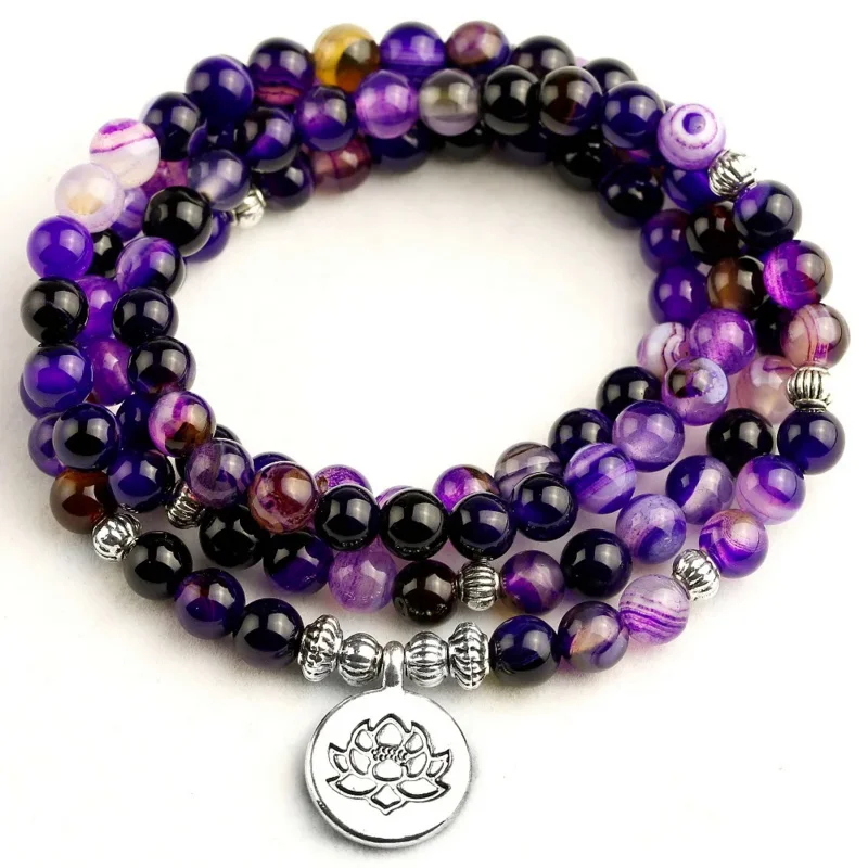 

108 Mala Natural Purple Stripe Onyx Beads Elastic Bracelets for Women Men Chakra Buddhism Prayer Bracelet Drop Shipping