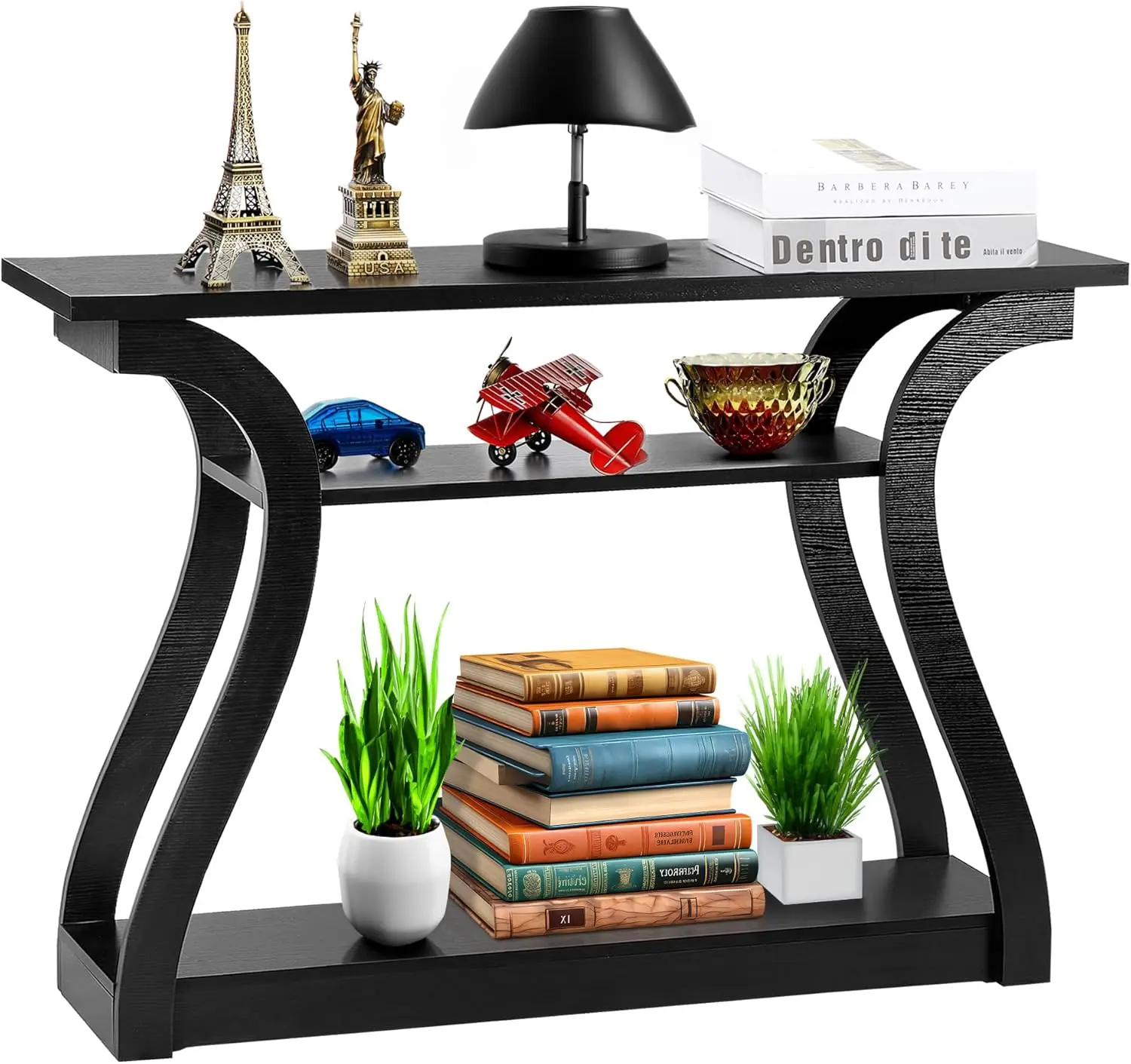 Wood Console Table 3 Tier Narrow Entryway Table with Curved Frame and 2 Open Storage Shelves Accent Sofa Table