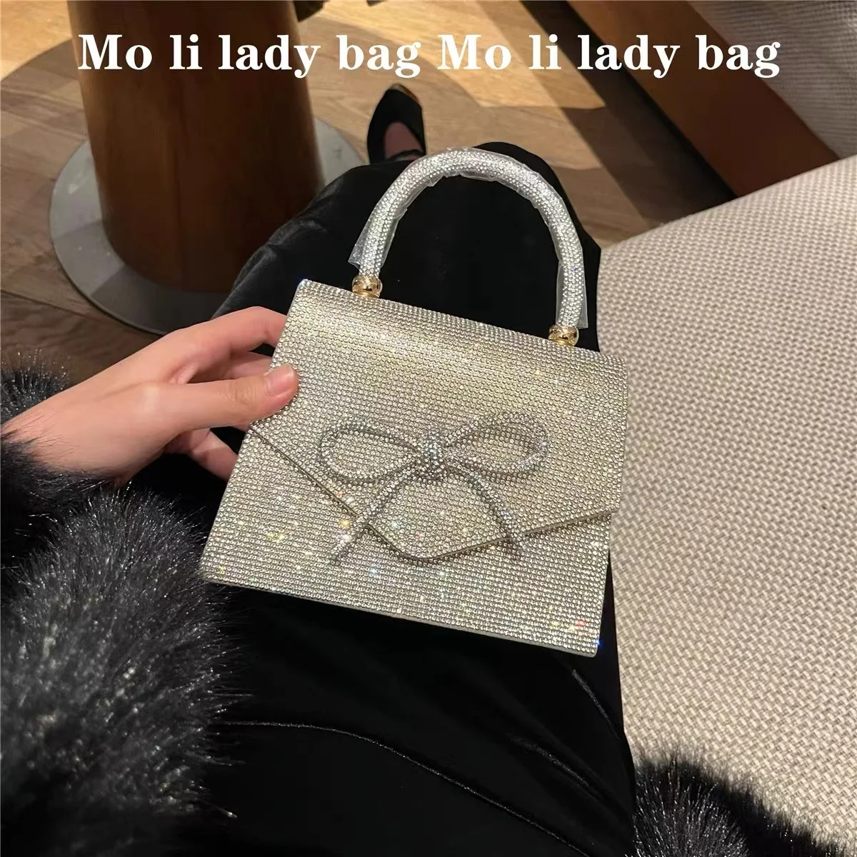 

Glitter Shiny Bow Knot Square Bag Women Fashion Handbag Luxury Diamonds Evening Bag Wedding Party Clutch Purse Crossbody Bag