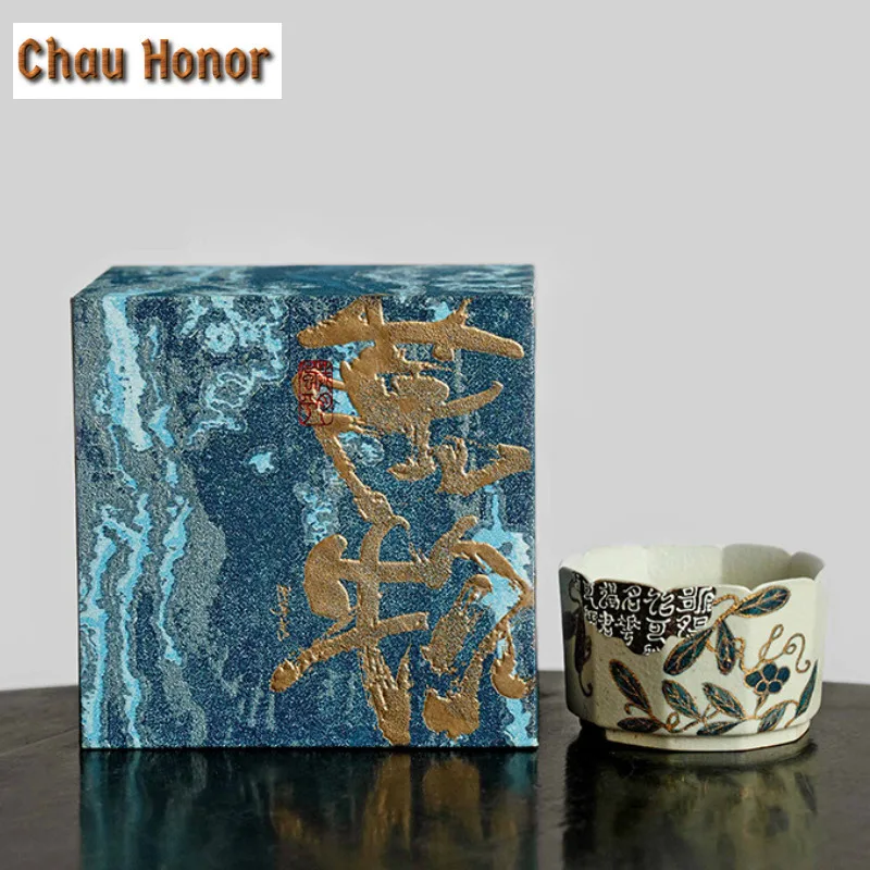 100ML Blue And White Flint Red Teacup Handmade Gold Drawing Branch Lotus Tea Bowl Cup Tea Smelling Cup Coffee Mug Tea Ceremony