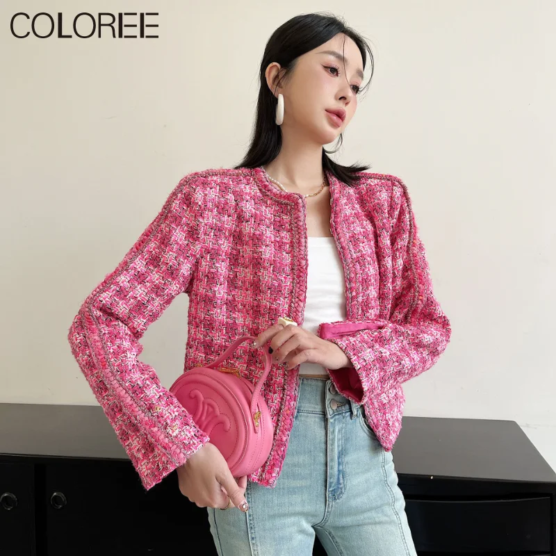 

Classical Pink Plaid Jacket for Women Woven O-neck Single Breasted Short Wool Coats Autumn Winter Luxury Chaqueta Mujer