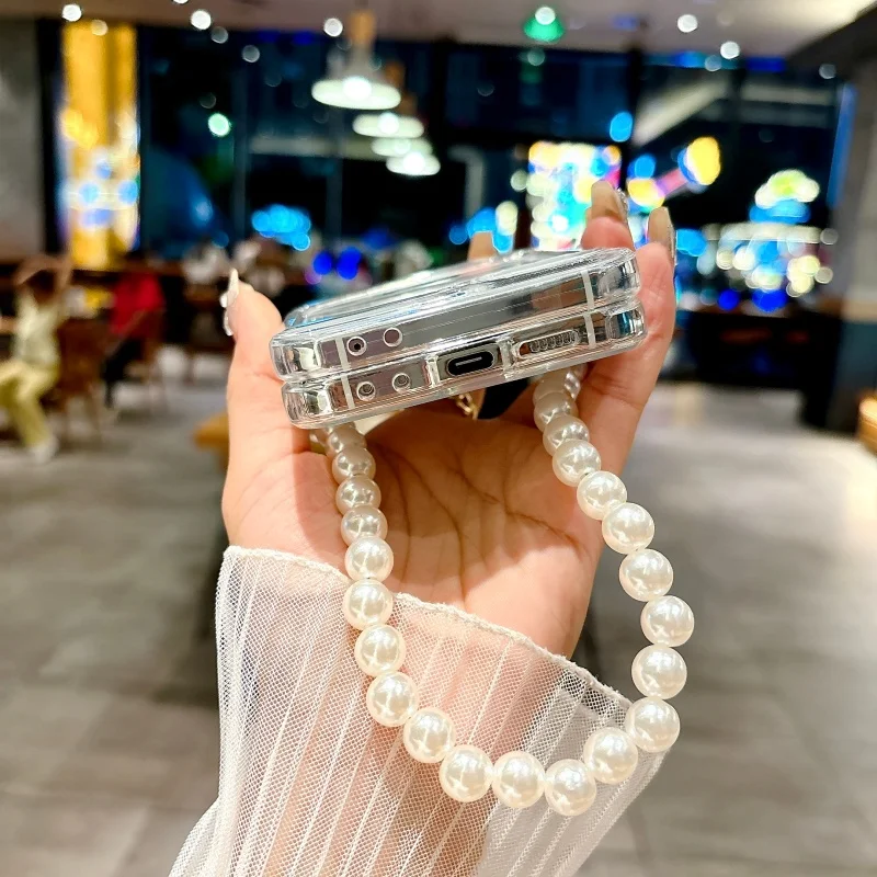 Transparent TPU Foldable Phone Case with Pearl Bracelet and Side Buckle