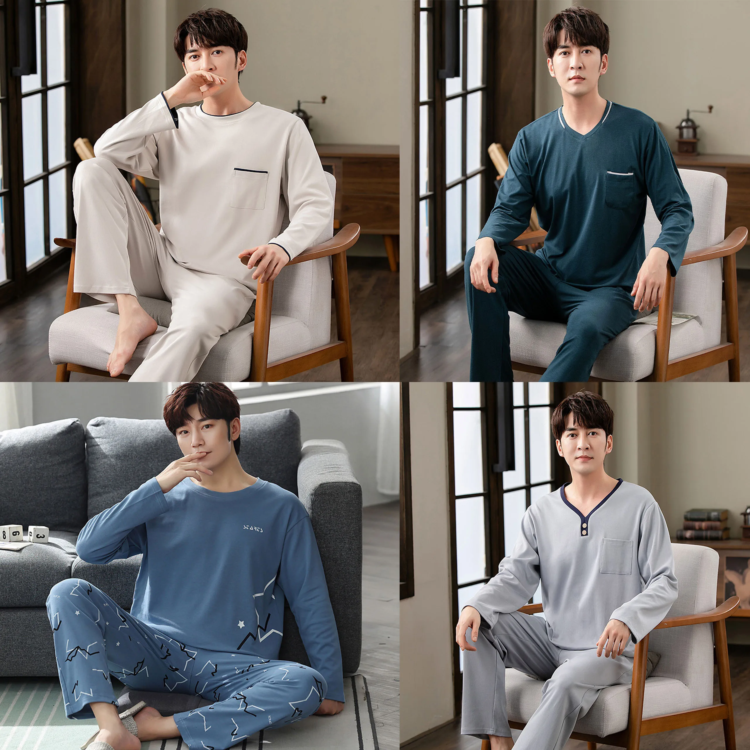 Spring Autumn Men's Long-Sleeved Long Trousers Pajamas Thin Cotton Leisure Homewear Suit