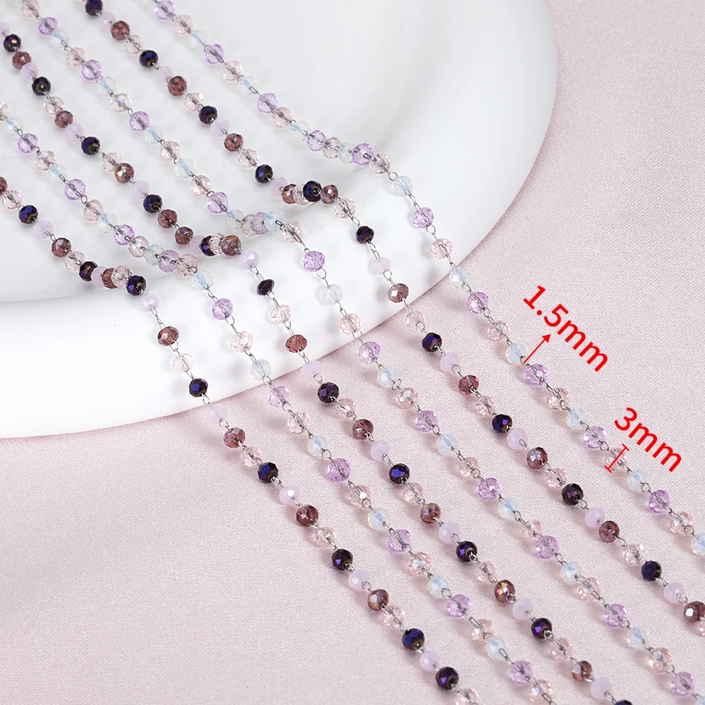 Purple Crystal Stone Beads Stainless Steel Chain for DIY Jewelry Making, 1 Meter