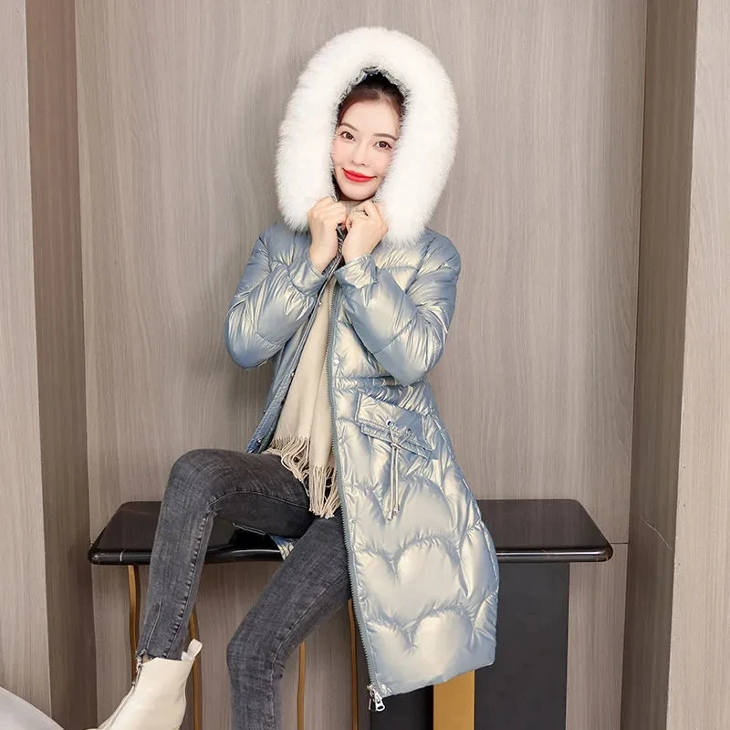 2022 Winter New Wash-Free Shiny Down Cotton Padded Jacket Women's  Waist Slim Padded Jacket Big Fur Collar Parka Long Down Pink