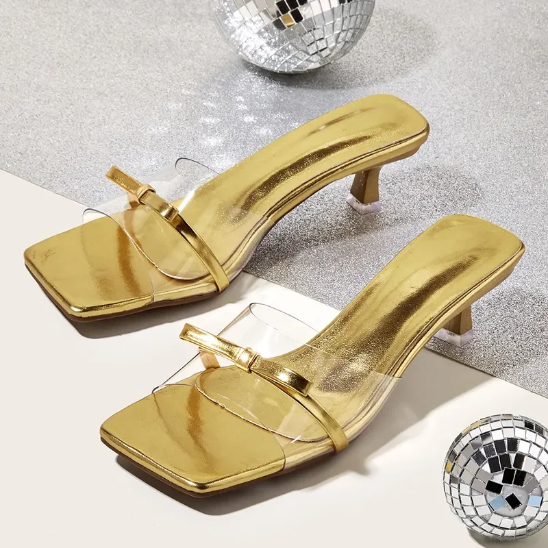 

Summer Fashion Transparent Butterfly-knot Women Slipper Slip On Ladies Sandal Thin High Heel Outdoor Dress Slides Shoes