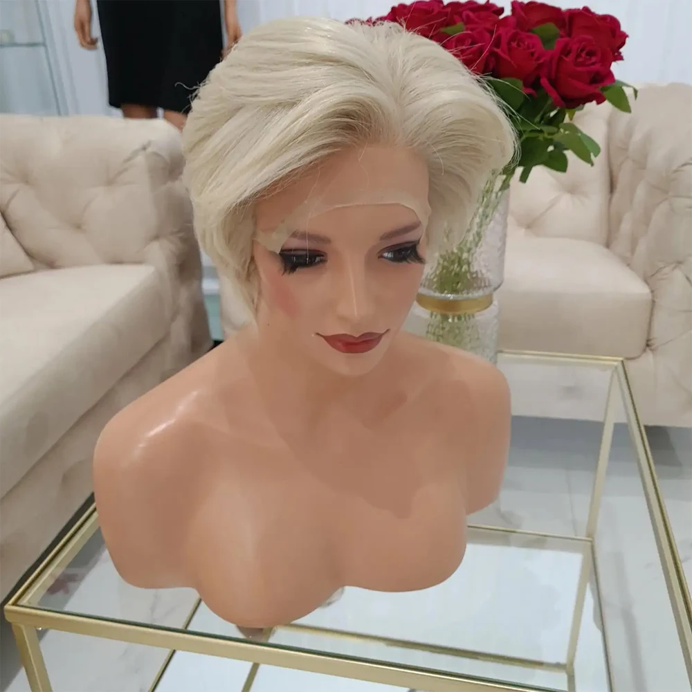 

Cool Icy Blonde 6" Pixie Cut Bob Wig HD Transparent 13x6 Lace Front Human Hair Wig Preplucked White Full Lace Wig 200% Thick