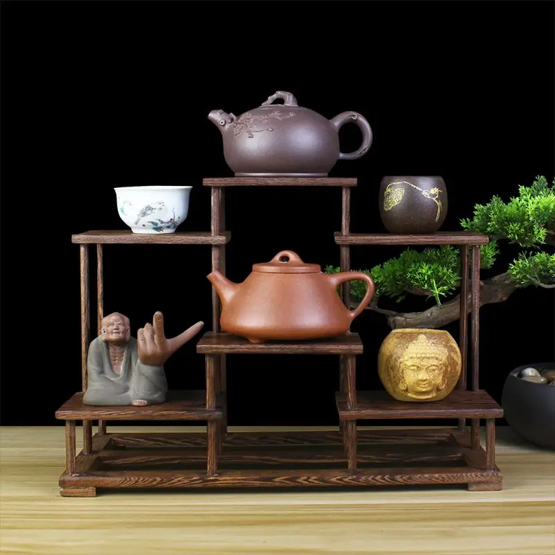 중국식 웬지 나무 데스크탑 보구 선반, 다층 원목 디스플레이 랙 (찻주전자, 차 세트, 장식품 및 홈 데코용)