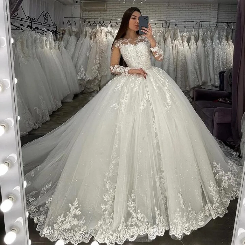 

9364 Luxury Ball Gown Wedding Dress Long Sleeves Applique Princess Bridal GownsBride Marrigae Party Women Celebrity Clothing