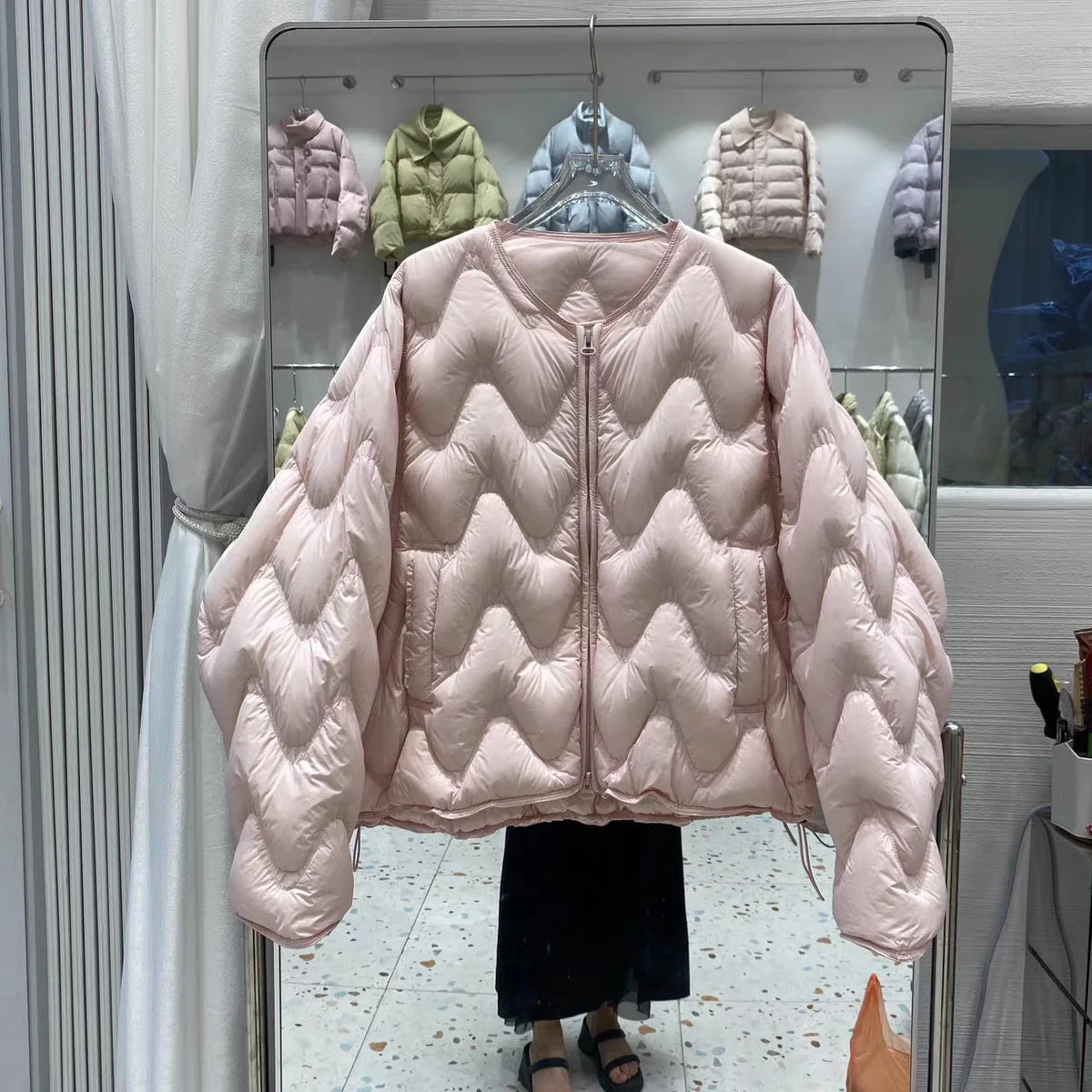 Winter Puff Fluffy Ripple Pattern Down Jacket Women White Duck Down Double Zipper Outwears Female Round Neck Warm Parker Jacket