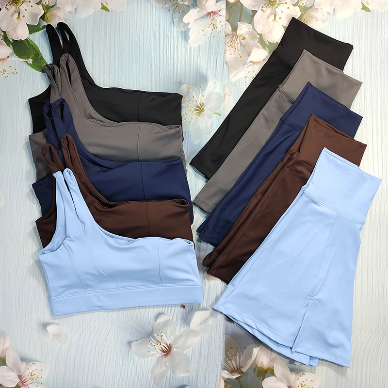 Yoga Skirt Set Women Workout Sport Suits Gym Wear High Wais Fitness Crop Top Female Tennis Sportswear One Shoulder Bra Female